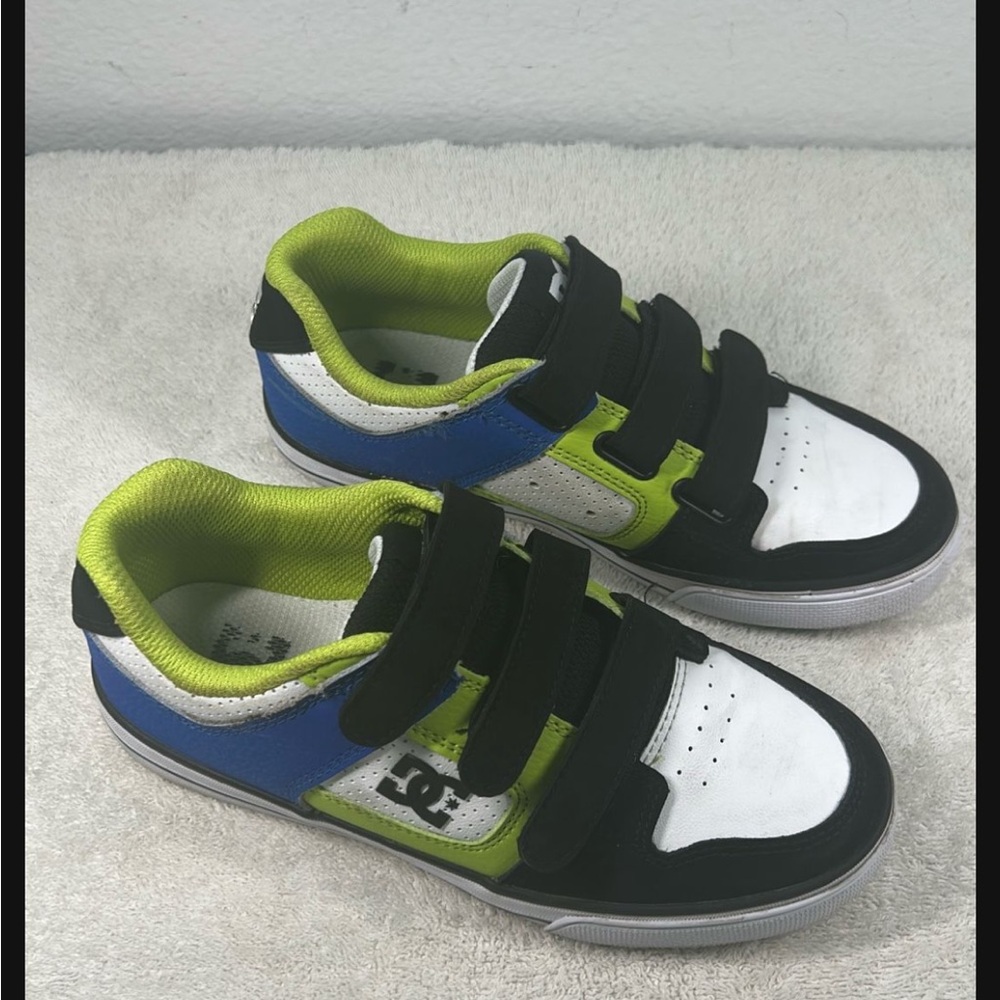 DC Black and Green Sneakers with Velcro Straps, Size 4Y, Preowned.
